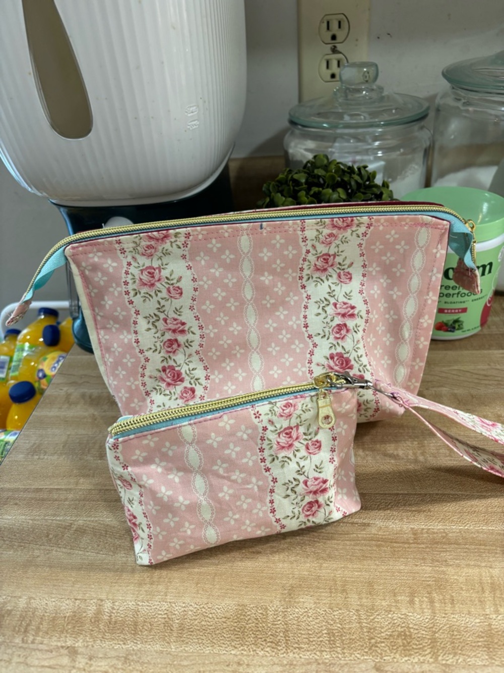 Pink Rose-Print Cosmetic Pouch Set with Wristlet